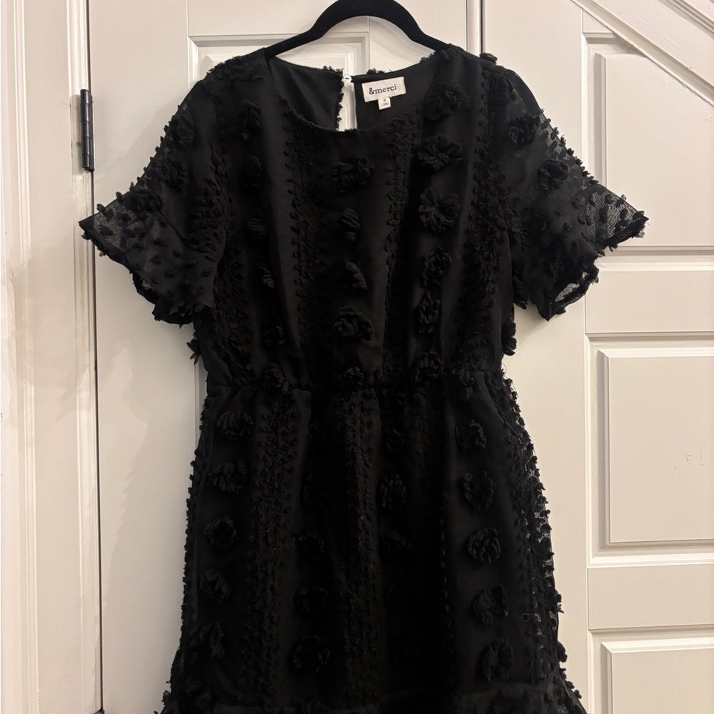 Black Textured Short-Sleeve Mini Dress